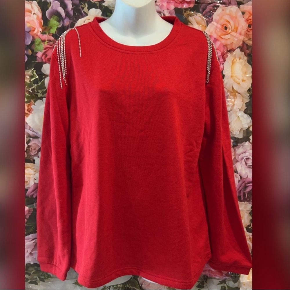 Red Cold Shoulder Top with Rhinestone Detail - Picture 2 of 2